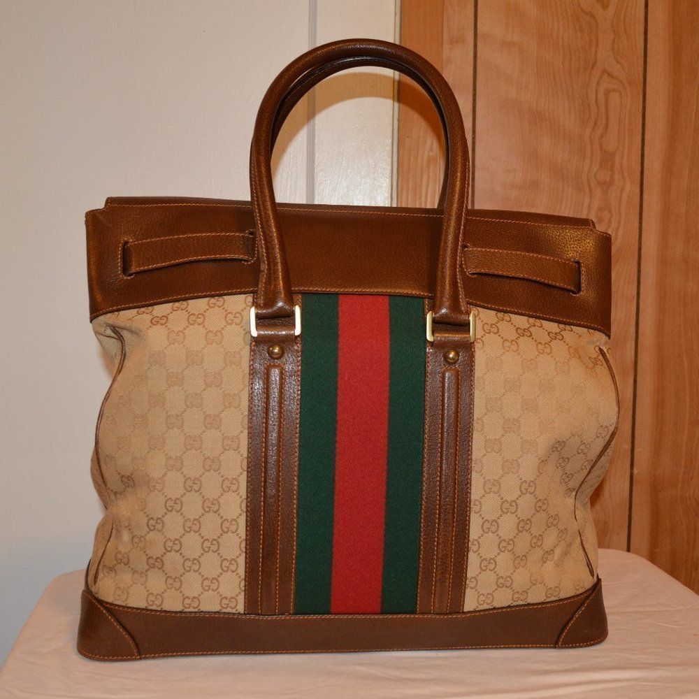 Rare Gucci Brown GG Canvas Web Travel Tote - Picture 2 of 8